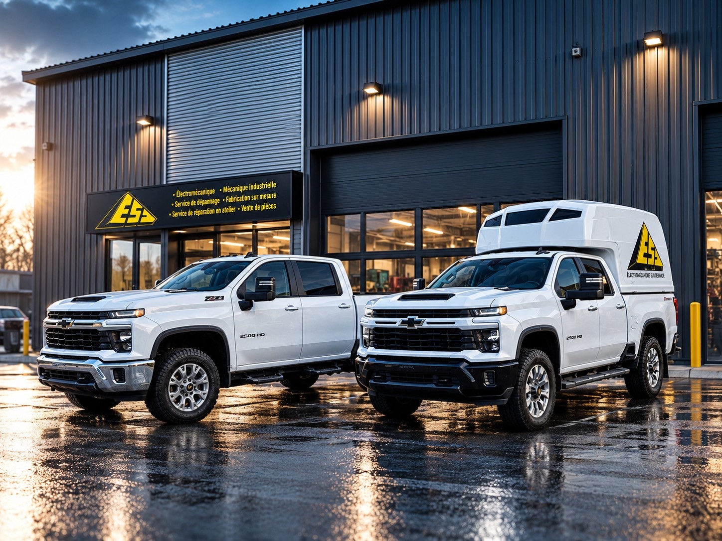 Les deux camions de service ESD stationnés devant l'atelier