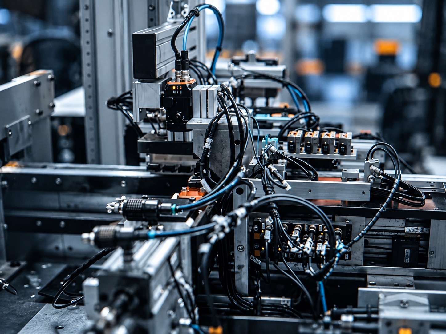 Ligne de production industrielle automatisée : vérins, capteurs et distributeurs pneumatiques en atelier